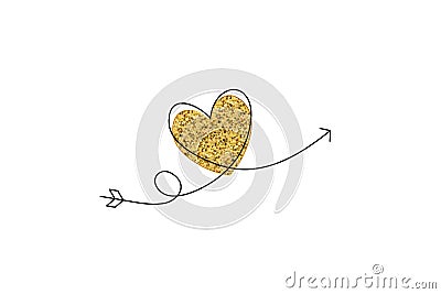 Cupid s arrow in the continuous drawing of lines in the form of a golden heart in a flat style. Continuous black line Vector Illustration