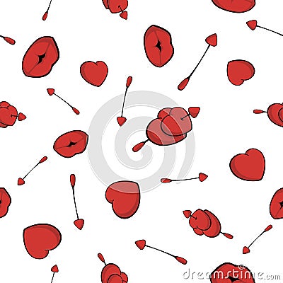 Cupid`s arrows seamless pattern. Cute arrows and hearts and lips kiss background for Valentine`s Day. Isolated Stock Photo