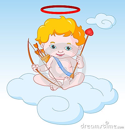 Cupid Sitting on the Cloud with Bow and Arrow Cartoon Illustration