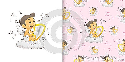 The cupid sitting and playing the harp in the paradise Vector Illustration