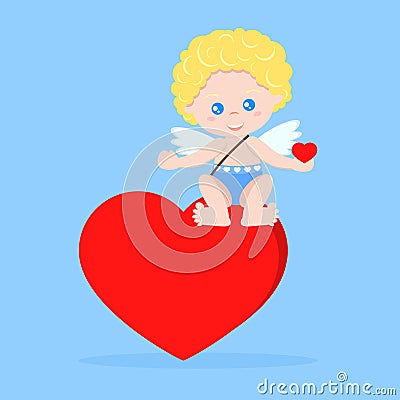 Cupid in sitting pose on heart with heart on hand Vector Illustration