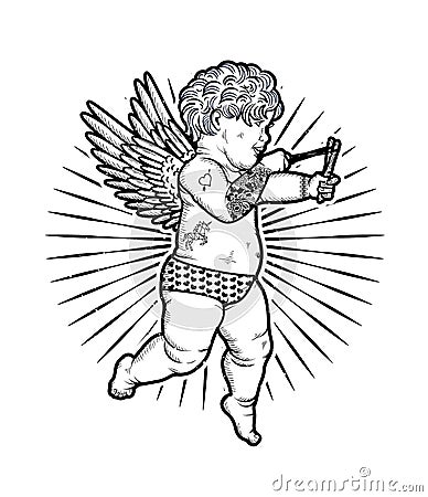 Cupid with Slingshot. Vector Illustration. Valentine s Day. Vector Illustration