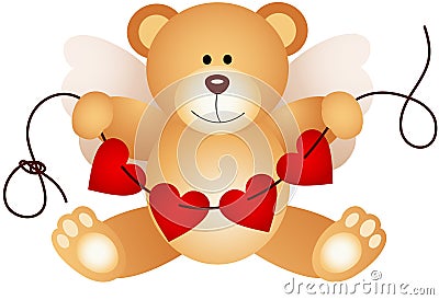 Cupid teddy bear holding string hearts Vector Illustration