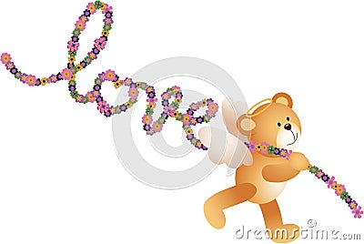 Cupid teddy bear with word love shaped flowers Vector Illustration