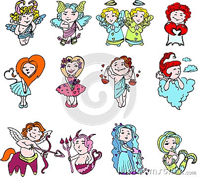 Cupids with hearts on Valentine's day, Festive in color zodiac signs stylized Valentine's day. Vector Illustration