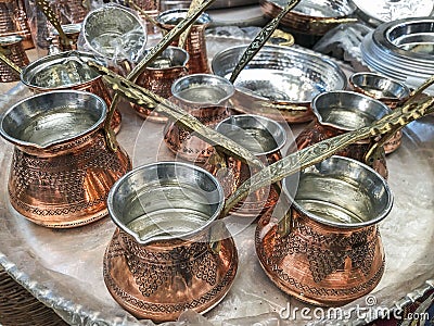 Cupric coffeepots at bazaar in Turkey Stock Photo