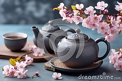 Cups of brewed tea, teapot and sakura flowers on grey table. Generative AI Stock Photo