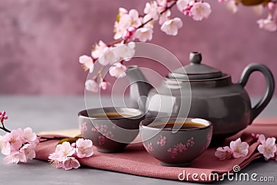 Cups of brewed tea, teapot and sakura flowers on grey table. Generative AI Stock Photo