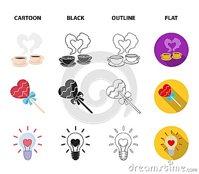 Cups with coffee, valentine, lamp, lock with key. Romantic set collection icons in cartoon,black,outline,flat style Vector Illustration