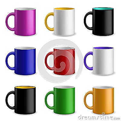 Cups color set. Colorful ceramic realistic mugs for different drinks collection, branding identity design. Blank dishware. Pottery Vector Illustration