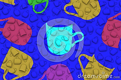 Cups different color shapes on blue background 3D illustration Cartoon Illustration