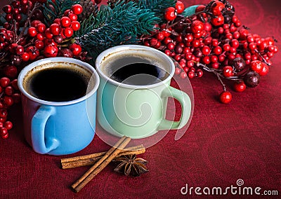 Cups of fragrant coffee on a Christmas background Stock Photo