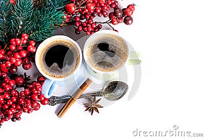 Cups of fragrant coffee on a Christmas background Stock Photo