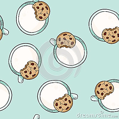 Cups of milk and oat cookie cute cartoon seamless pattern. Texture background tile Vector Illustration