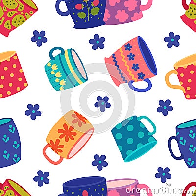 Cups pattern. Decorated beautiful funny colored cups collection. Vector seamless background Vector Illustration
