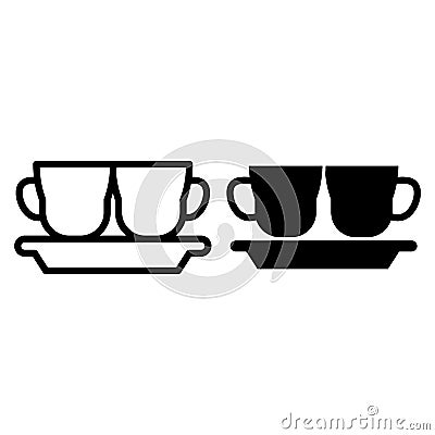 Cups on a plate line and glyph icon. Mugs and plate vector illustration isolated on white. Kitchenware outline style Vector Illustration