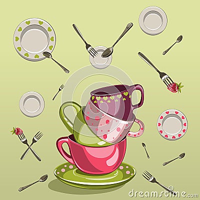 Cups with saucers, forks and spoons Vector Illustration