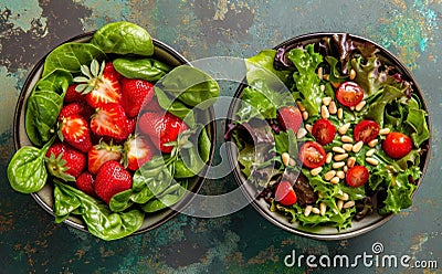 cups of strawberries, assorted greens and pine nuts Stock Photo