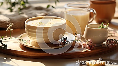 Cups of tasty steaming milk soup on wooden board, closeup. AI Generative Stock Photo