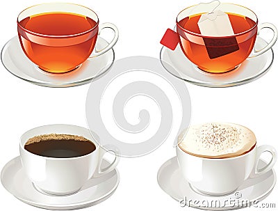 Cups with tea, cofee and cappuccino Stock Photo