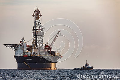 The oil rig `Sevan Louisiana` off the Curacao coast in the Caribbean. Mobile Offshore Drilling Unit MODU based on Sevan SSP`s H Editorial Stock Photo