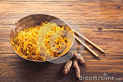 Curcuma seaweed noodles made from alginate Stock Photo