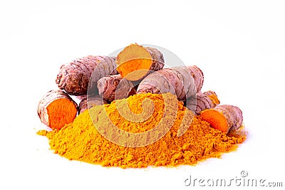 Curcuma turmeric spice roots and ground Stock Photo