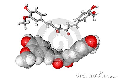 Curcumin or E100. Molecular structure isolated on white background. Atoms are represented as Cartoon Illustration