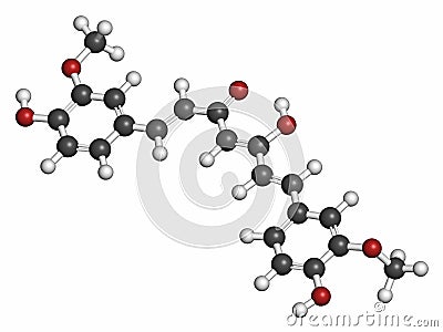 Curcumin turmeric spice molecule. 3D rendering. Atoms are represented as spheres with conventional color coding: hydrogen (white Stock Photo