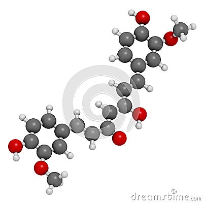 Curcumin turmeric spice molecule, 3D rendering. Atoms are represented as spheres with conventional color coding: hydrogen (white Stock Photo
