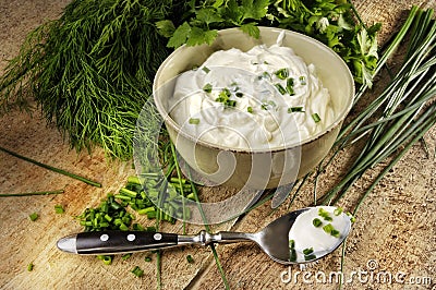 Curd with chives Stock Photo