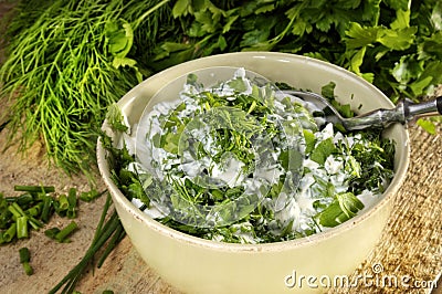 Curd, parsley, dill and chives Stock Photo