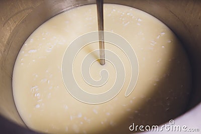 curdled milk brought to high temperature for the production of cheese in the dairy. Stock Photo