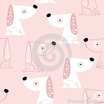 Cure pink dogs seamless pattern. Funny white puppy texture.. Vector illustration Vector Illustration