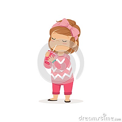 Cure toddler girl enjoying delicious refreshing cocktail. Vector Illustration