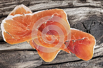 Cured Pork Ham Slices On Old Knotted Cracked Wooden Garden Table Stock Photo