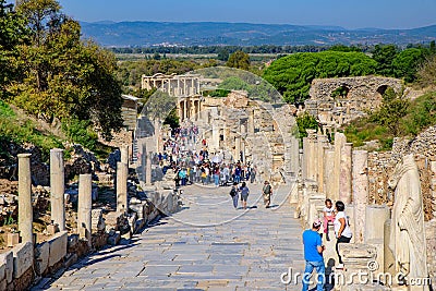 Curetes Street one of the main streets of Ephesus Archaeological Site in Turkey Editorial Stock Photo