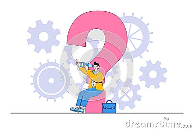 Curiosity exploring the unknown, looking for a solution, and aiming for success concepts illustrations. Businessman sit on big Vector Illustration