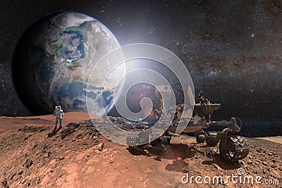 Curiosity Mars Rover exploring the surface of red planet. Stock Photo