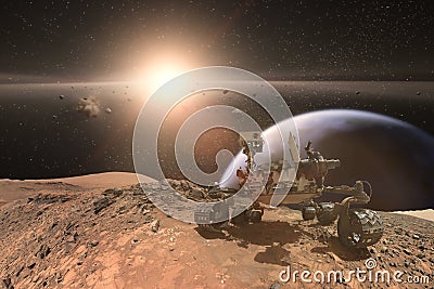 Curiosity Mars Rover exploring the surface of red planet. Stock Photo