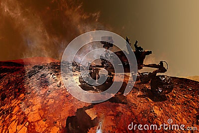 Curiosity Mars Rover exploring the surface of red planet. Stock Photo