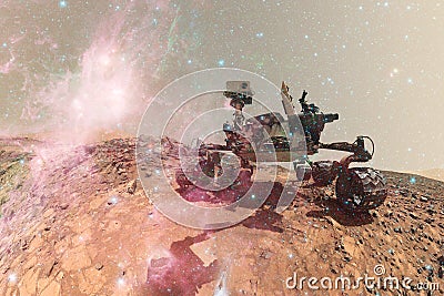 Curiosity Mars Rover exploring the surface of red planet Stock Photo