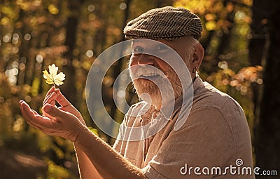 Curiosity to botany. Explore world around. Pensioner hiking in forest on sunny autumn day. Man enjoy autumn nature. See Stock Photo