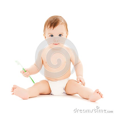 Curious baby brushing teeth Stock Photo