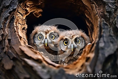 Curious baby owls in a tree hole nest, offering copy space Stock Photo