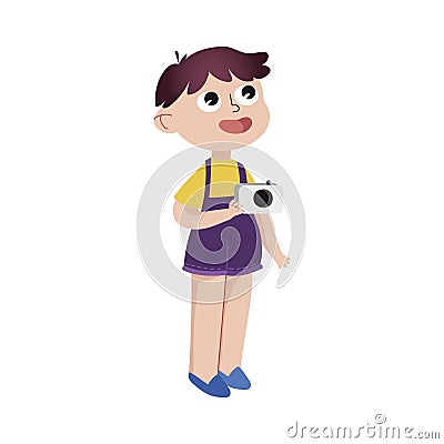 Curious cartoon little boy standing with camera colorful character vector Illustration Vector Illustration