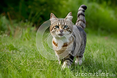 Curious cat frolics playfully in the outdoor environment Stock Photo