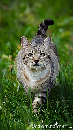 Curious cat frolics playfully in the outdoor environment Stock Photo