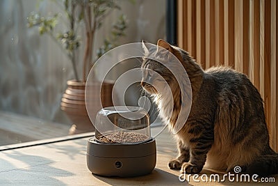 A curious cat inspects a modern automatic feeder with an indoor plant backdrop. Stock Photo