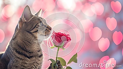 Cat Sniffing Rose With Hearts in Background Stock Photo
